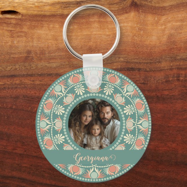 Personalized Retro Sage & Sand Mandala Photo Frame Keychain (Front)