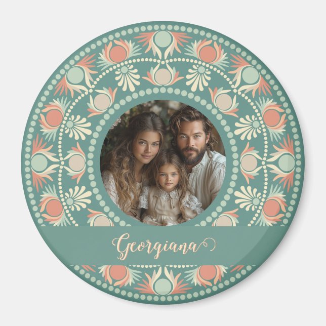 Personalized Retro Sage & Sand Mandala Photo Frame Magnet (Front)