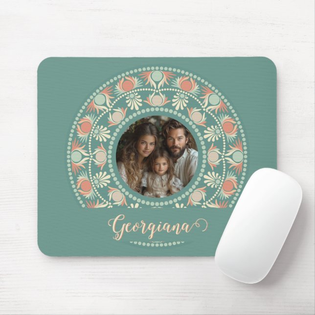 Personalized Retro Sage & Sand Mandala Photo Frame Mouse Pad (With Mouse)