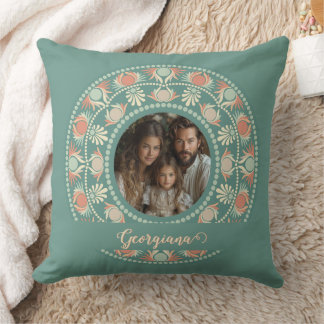 Personalized Retro Sage & Sand Mandala Photo Frame Throw Pillow