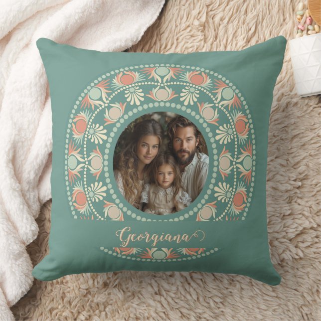 Personalized Retro Sage & Sand Mandala Photo Frame Throw Pillow (Blanket)