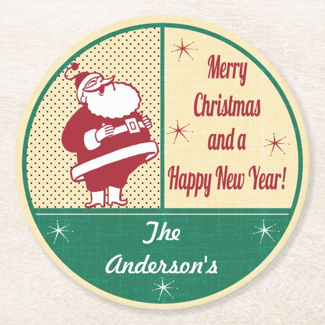 Personalized Retro Santa Christmas Round Paper Coaster (Front)