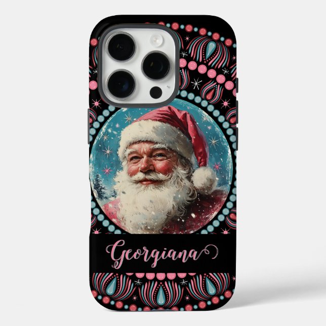 Personalized Retro Santa Pinkmas Floral Mandala Case-Mate iPhone Case (Back)