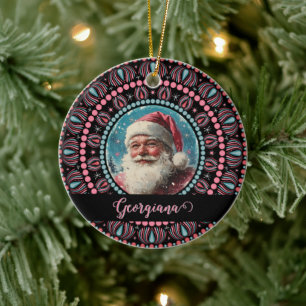 Personalized Retro Santa Pinkmas Floral Mandala Ceramic Ornament