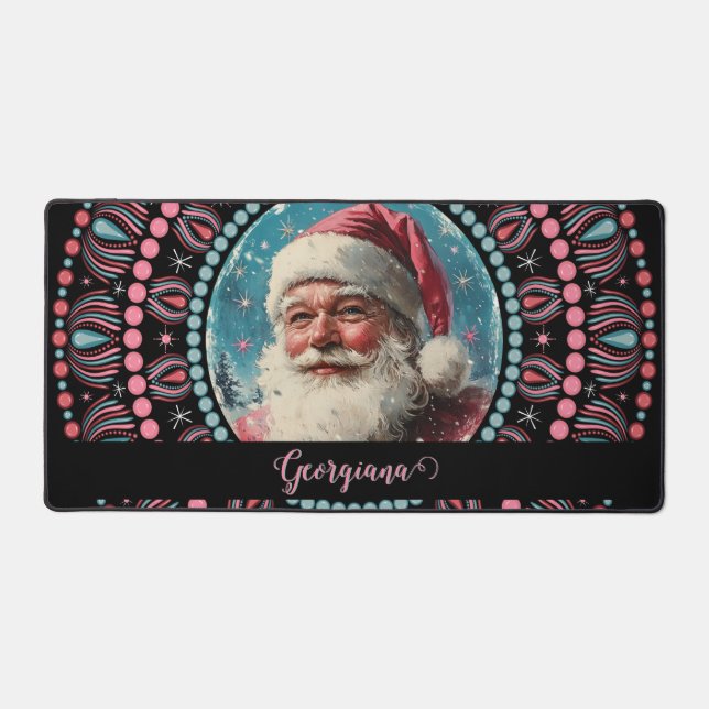 Personalized Retro Santa Pinkmas Floral Mandala Desk Mat (Front)