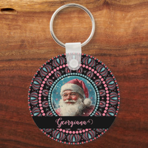 Personalized Retro Santa Pinkmas Floral Mandala Keychain
