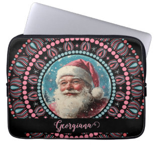 Personalized Retro Santa Pinkmas Floral Mandala Laptop Sleeve