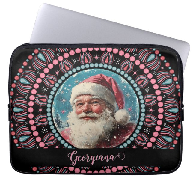 Personalized Retro Santa Pinkmas Floral Mandala Laptop Sleeve (Front)