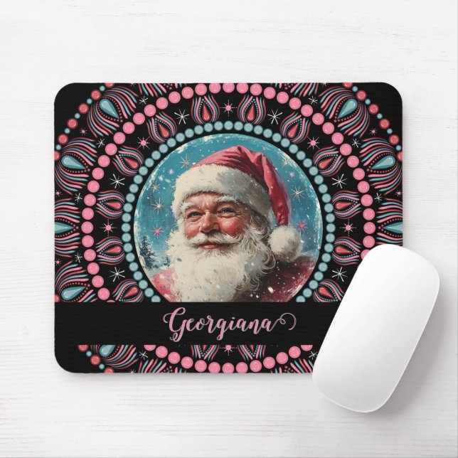 Personalized Retro Santa Pinkmas Floral Mandala Mouse Pad (With Mouse)
