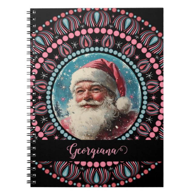 Personalized Retro Santa Pinkmas Floral Mandala Notebook (Front)