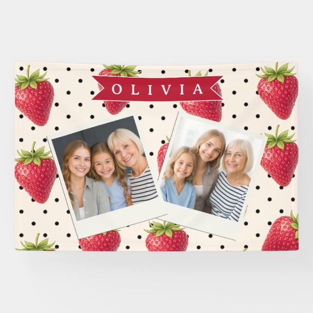Personalized Retro Strawberry Polka Dot Vintage Banner (Horizontal)