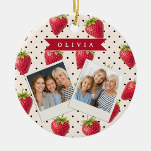 Personalized Retro Strawberry Polka Dot Vintage Ceramic Ornament
