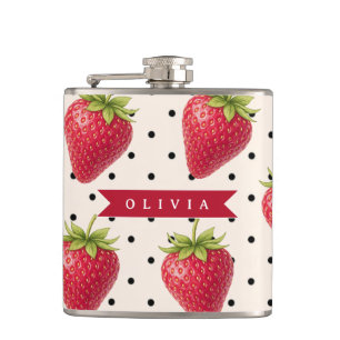 Personalized Retro Strawberry Polka Dot Vintage Hip Flask