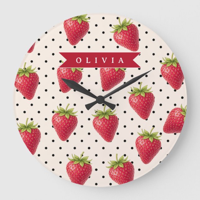 Personalized Retro Strawberry Polka Dot Vintage Large Clock (Front)