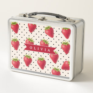 Personalized Retro Strawberry Polka Dot Vintage Metal Lunch Box