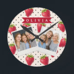Personalized Retro Strawberry Polka Dot Vintage Round Clock<br><div class="desc">Strawberries are one of those happy, classic designs that instantly make people smile. This customized retro strawberry collection creates a style that is both nostalgic and modern by fusing a soft, traditional polka dot background with amusing vintage charm. Sweet, colorful strawberries are strewn throughout a delicate dotted pattern in this...</div>