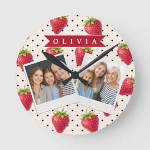 Personalized Retro Strawberry Polka Dot Vintage Round Clock