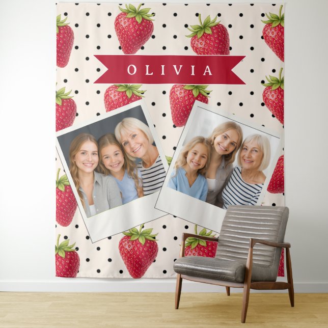 Personalized Retro Strawberry Polka Dot Vintage Tapestry (In Situ)