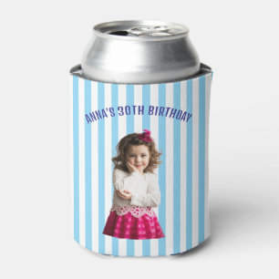 Personalized Retro Stripe Photo 30th 40th Birthday Can Cooler