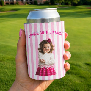 Personalized Retro Stripe Photo 30th 40th Birthday Can Cooler