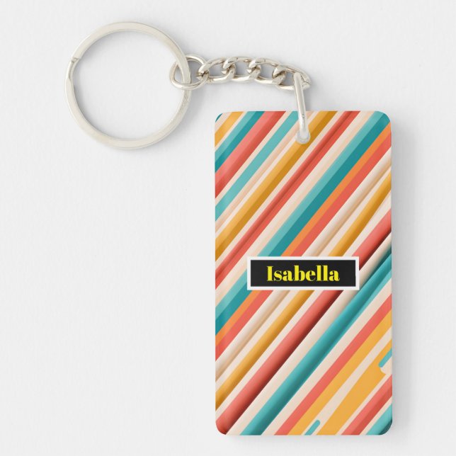 Personalized Retro Striped Pattern  Keychain (Front)