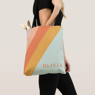 Personalized Retro Stripes Mint Peach Pastel Tote Bag