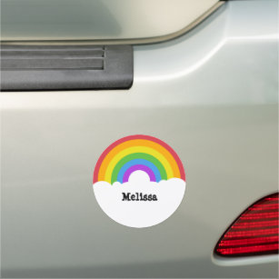 Personalized Retro Style Round Rainbow and Clouds Car Magnet