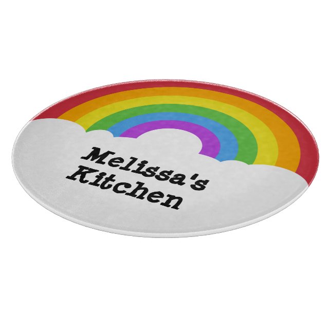 Personalized Retro Style Round Rainbow and Clouds Cutting Board (Corner)