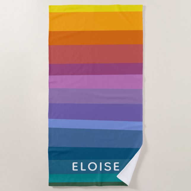 Personalized Retro Sunset Gradient Striped Rainbow Beach Towel (Front)
