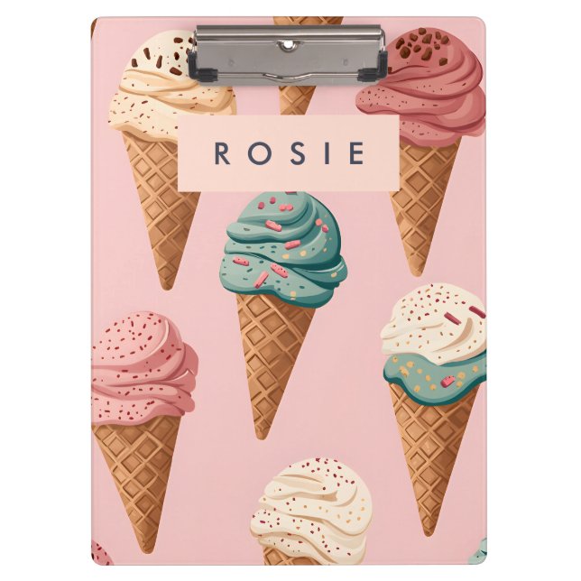 Personalized Retro Vintage Ice Cream Cone Pattern Clipboard (Front)