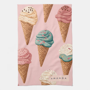 Personalized Retro Vintage Ice Cream Cone Pattern Kitchen Towel