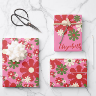 Personalized Retro Vintage Pink Christmas Floral Wrapping Paper Sheet