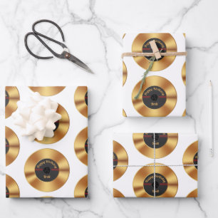 Personalized Retro Vinyl Gold Record Birthday Wrapping Paper Sheet