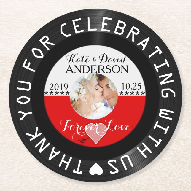 Personalized Retro Vinyl Record Wedding Favour Round Paper Coaster (Front)