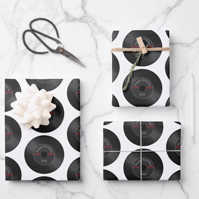 Personalized Retro Vinyl Record Wrapping Paper – V (Front)