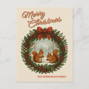 Personalized Retro Wreath With Cute Squirrels Holiday Postcard