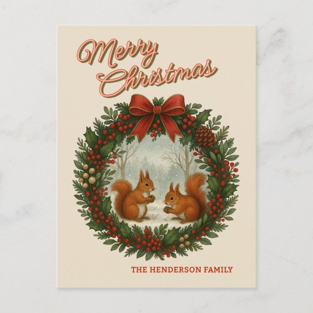 Personalized Retro Wreath With Cute Squirrels Holiday Postcard (Front)