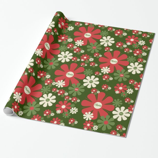 Personalized Retro Xmas 60s 70s Floral Pattern Wrapping Paper (Unrolled)
