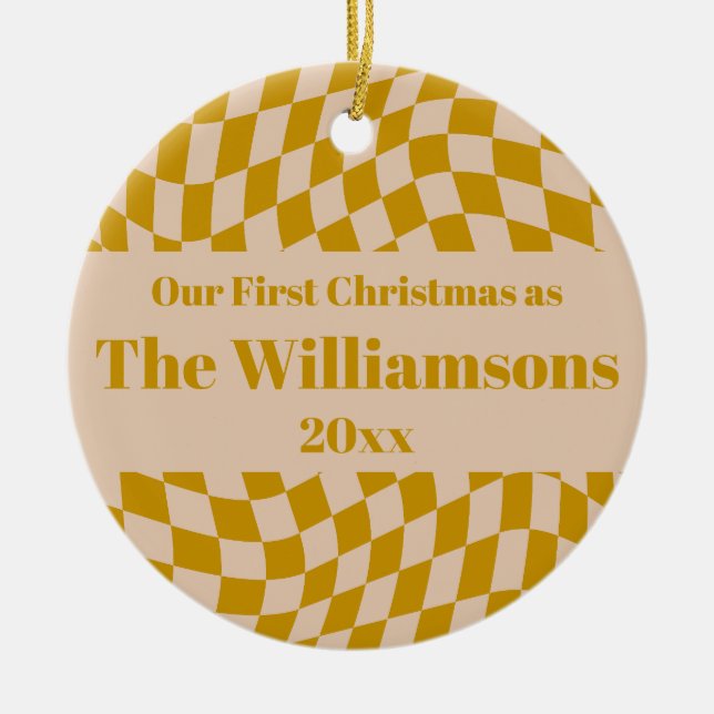 Personalized Retro Yellow Chequerboard Christmas  Ceramic Ornament (Front)