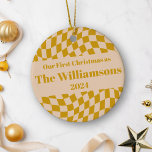 Personalized Retro Yellow Chequerboard Christmas  Ceramic Ornament<br><div class="desc">Commemorate your first Christmas as a family with this stylish personalized ceramic ornament, featuring a retro mustard yellow chequerboard design. Customize it with your family name for a one-of-a-kind keepsake that celebrates your holiday together. The bold yellow pattern and vintage-inspired style make this ornament a trendy addition to your Christmas...</div>