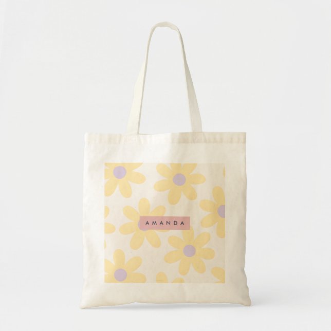 Personalized Retro Yellow Daisy Floral Tote Bag (Front)