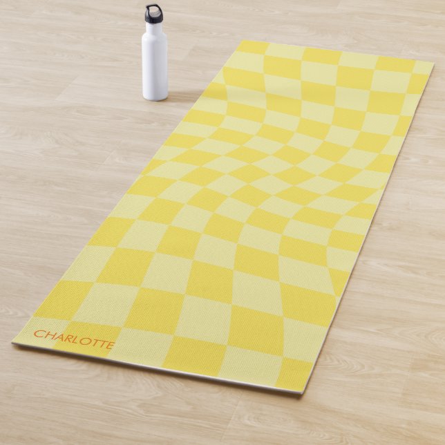 Personalized Retro Yellow Wavy Chequered Yoga Mat (In Situ)