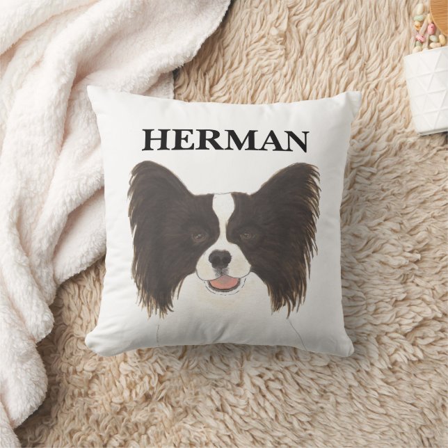 Personalized Reversible Black & White Papillon Dog Throw Pillow (Blanket)