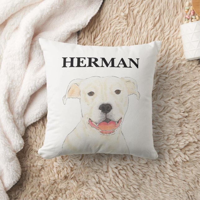 Personalized Reversible White Pitbull Staffy Dog Throw Pillow (Blanket)