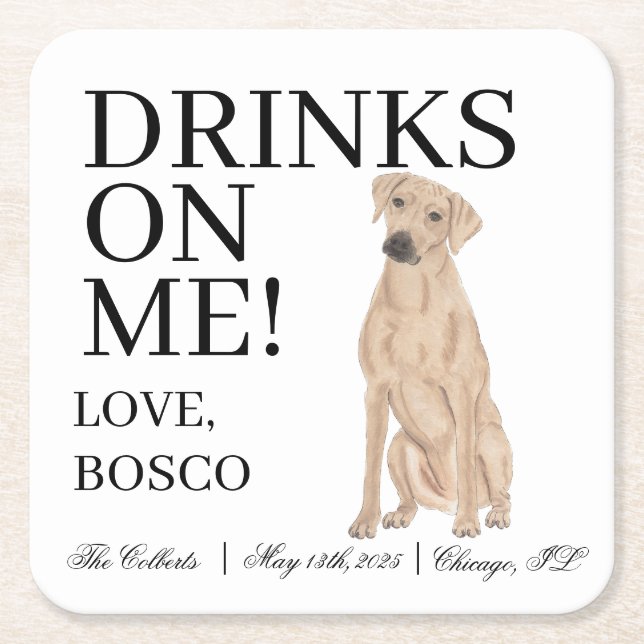 Personalized Rhodesian Ridgeback Dog Wedding Square Paper Coaster (Front)