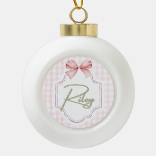 Personalized Riley Baby Girl Nursery Bow&Gingham Ceramic Ball Christmas Ornament