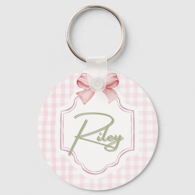 Personalized Riley Baby Girl Nursery Bow&Gingham  Keychain (Front)