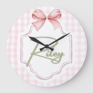 Personalized Riley Baby Girl Nursery Bow&Gingham Large Clock