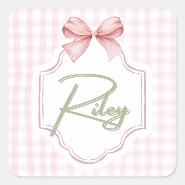 Personalized Riley Baby Girl Nursery Bow&Gingham  Square Sticker (Front)