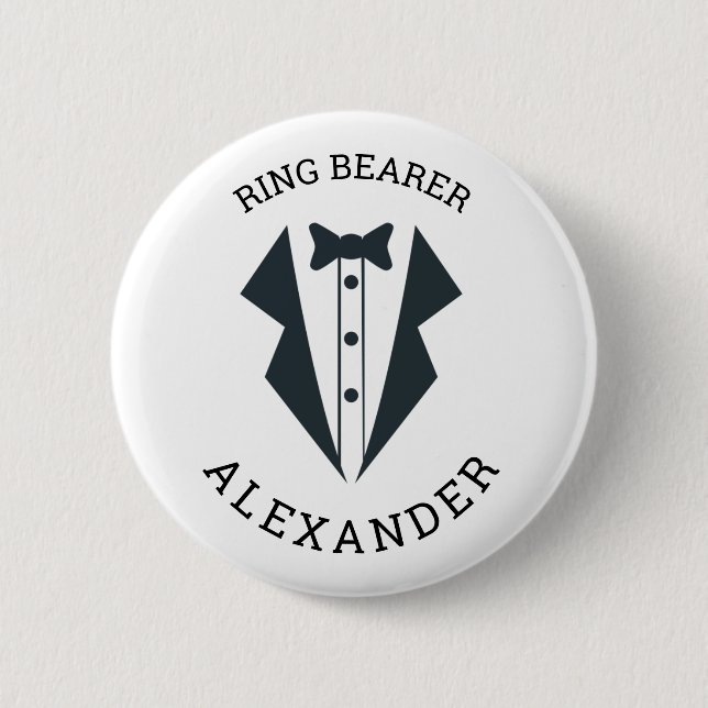 Personalized Ring Bearer Tuxedo Black White 2 Inch Round Button (Front)